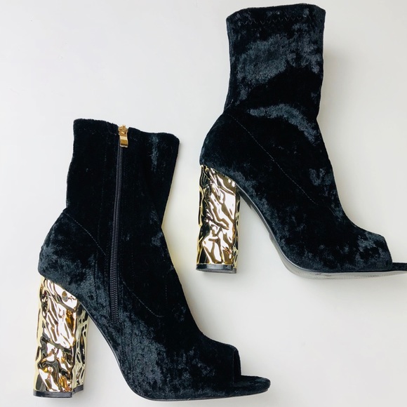 Nasty Gal Shoes - crushed velvet / gold heeled peep toe booties